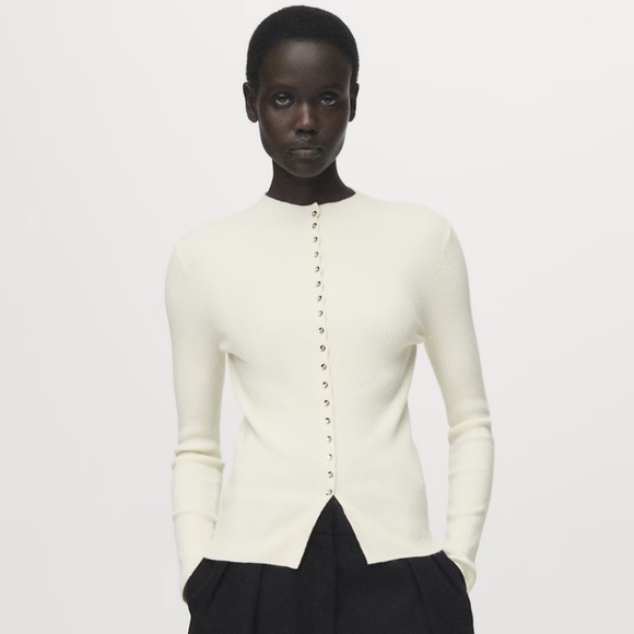 Mango XL Ivory Fine Knit Ribbed Mock Neck Mini Button Front Wool Blend Cardigan - Picture 3 of 16